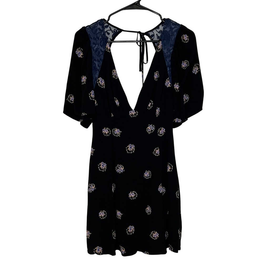 Free People Womens Mockingbird Mini Dress Size S Black Blue Floral Lace Babydoll